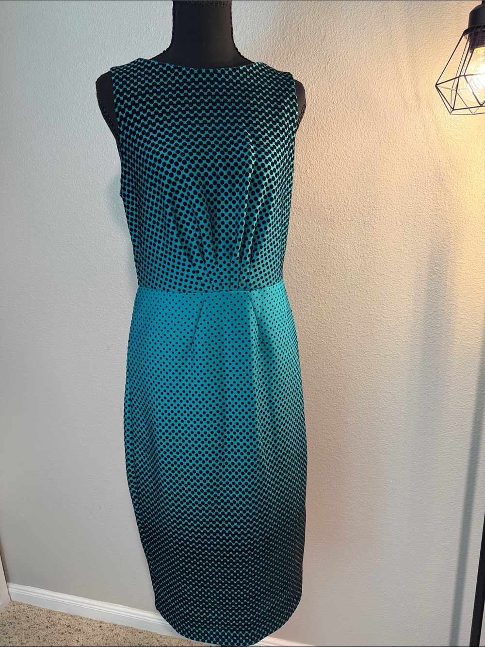 New York & Company Teal and Black Polka Dot Sleeveless Sheath Dress
